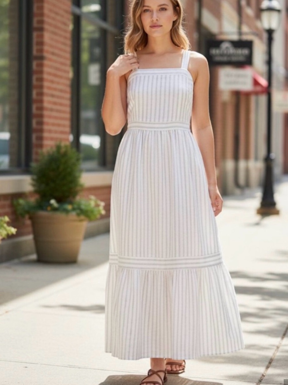 LOFT Linen Blend Striped Maxi Dress White Taupe Square Neck Tiered Size